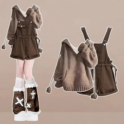 Brown Hooded Sweater and Denim Overall Shorts Set, styled outfit on model with beige background