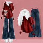 Red Hooded Sweater Shirt and Jeans Set, styled three piece outfit on model with pink background