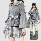 Gray plaid tweed jacket with pleated mini skirt, full outfit front view