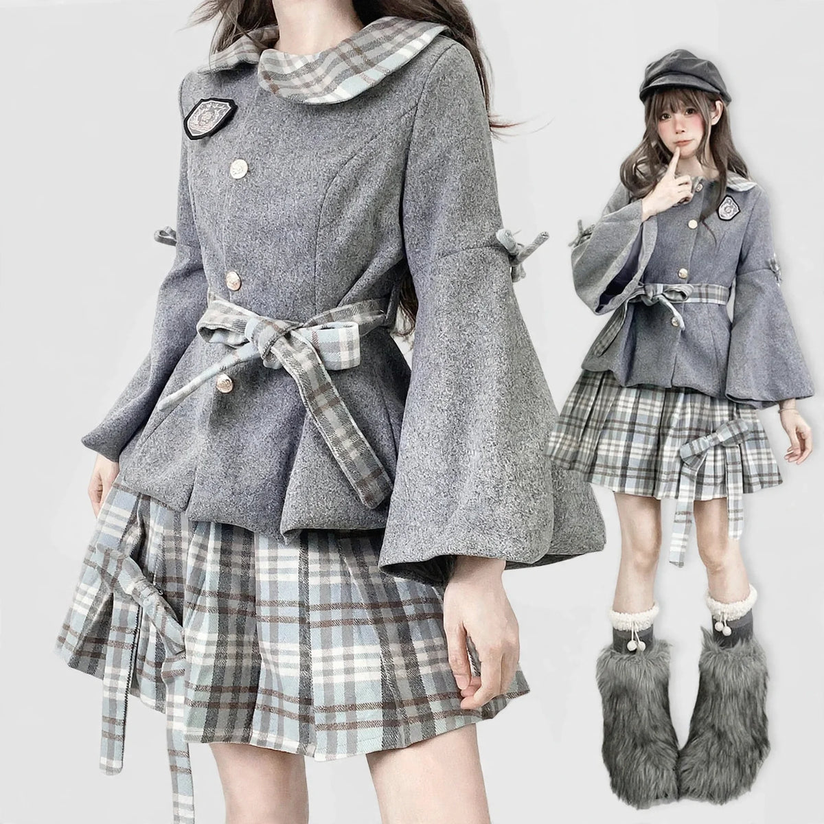 Gray plaid tweed jacket with pleated mini skirt, full outfit front view