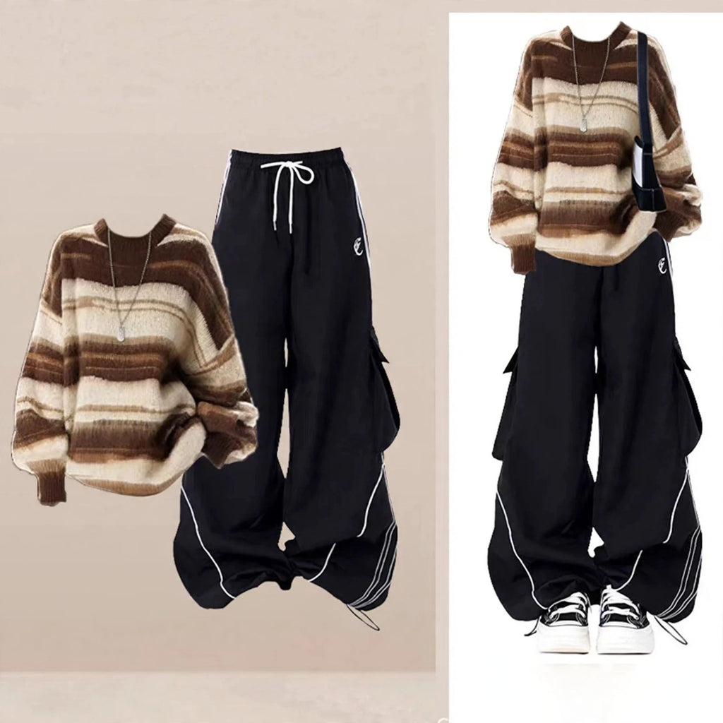 Brown Striped Sweater and Black Cargo Pants Set, striped fuzzy sweater with black drawstring cargo pants, two styling views