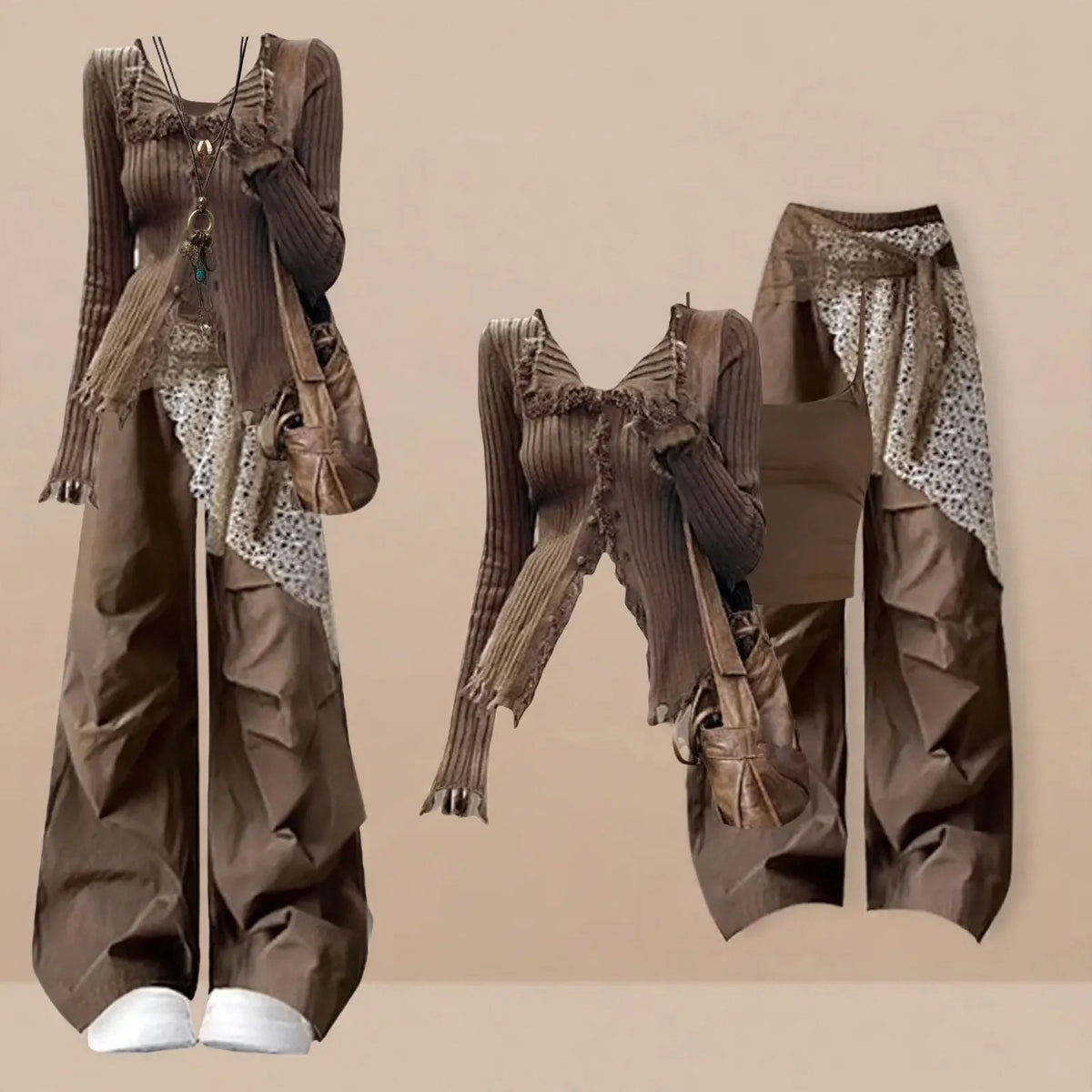 Brown Bohemian Tassel Knit Set, model wearing the ribbed tassel sweater with lace-panel pants, pieces laid out