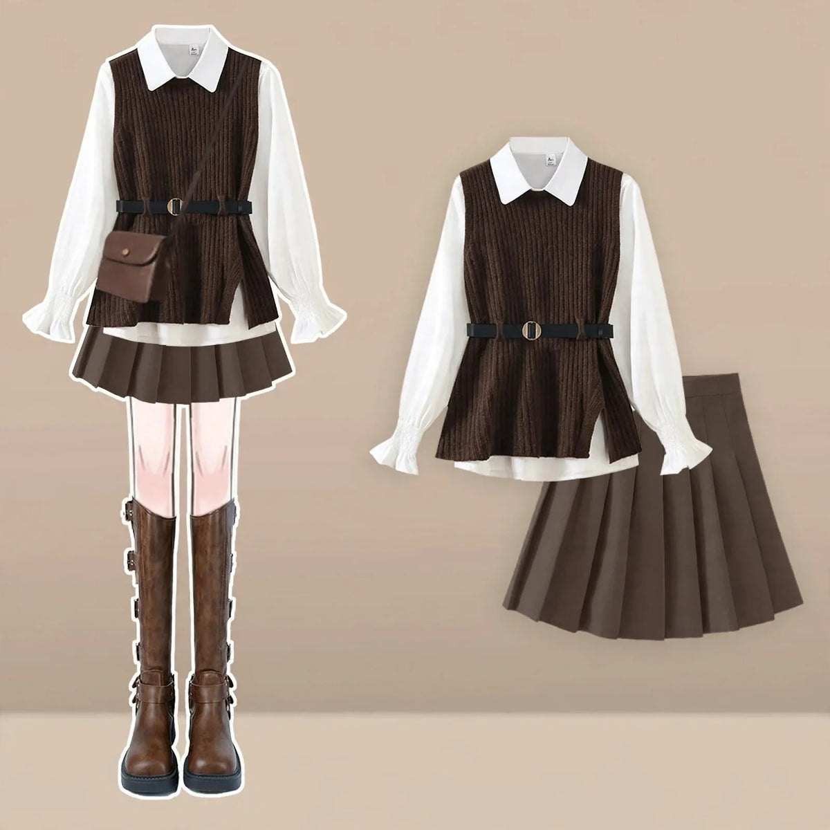 Brown preppy knit vest with white shirt and pleated skirt, full outfit front view