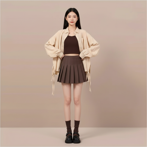 Model wearing beige blouse brown knit top and brown pleated mini skirt