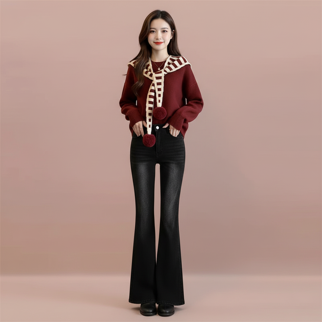 Lucky Red Sweater Shawl and Denim Pants Set waist detail