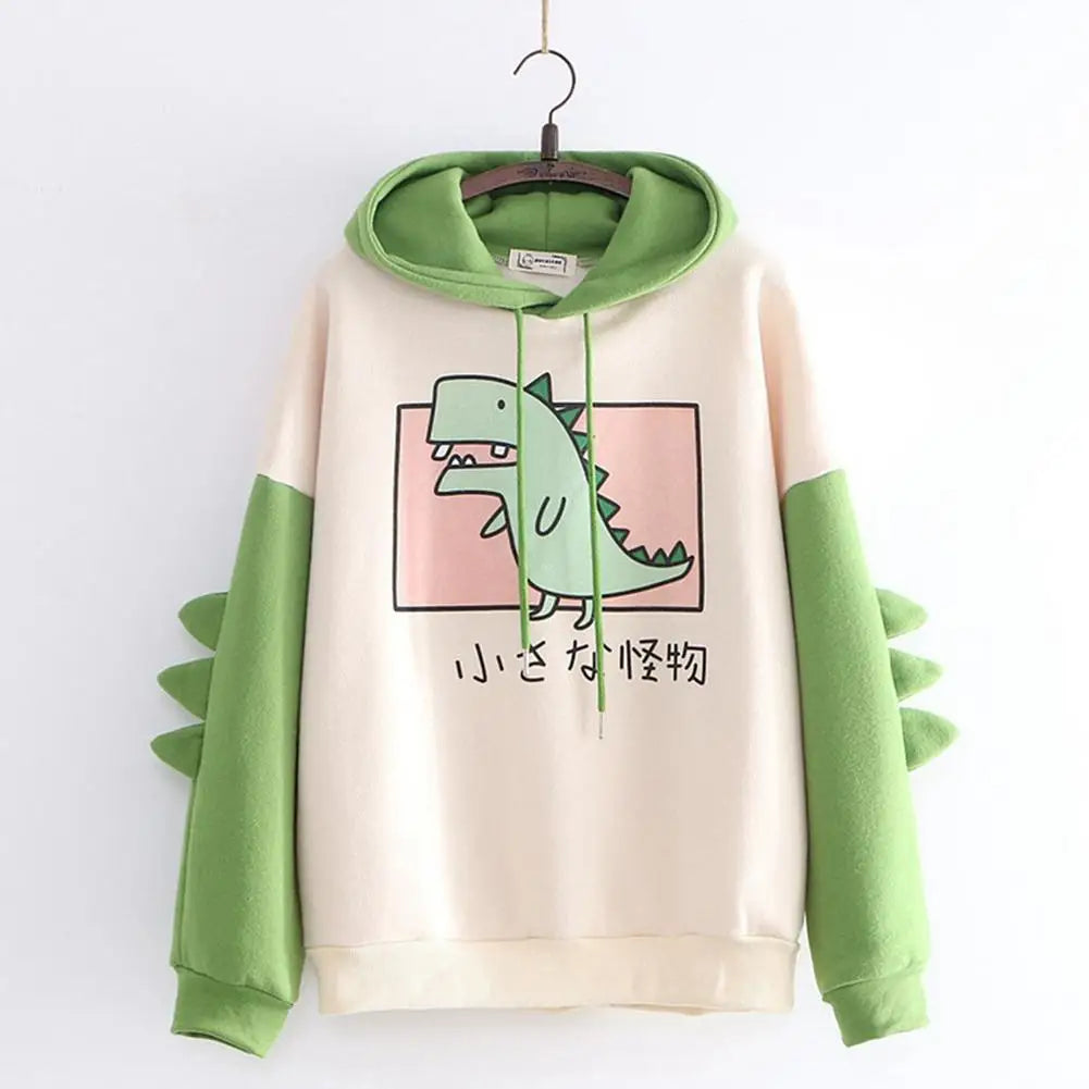 Vusy Kawai Shop kawaii dinosaur sweatshirt with green sleeves and dinosaur spikes on sleeves
