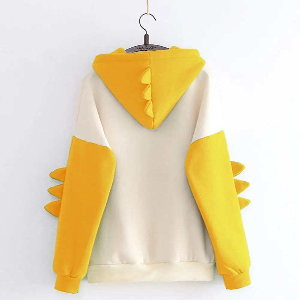 Back view of kawaii dinosaur sweatshirt with yellow hood and sleeves featuring soft spikes