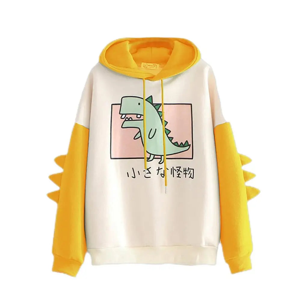 Kawaii dinosaur sweatshirt with yellow sleeves and hood featuring a cute green dinosaur graphic