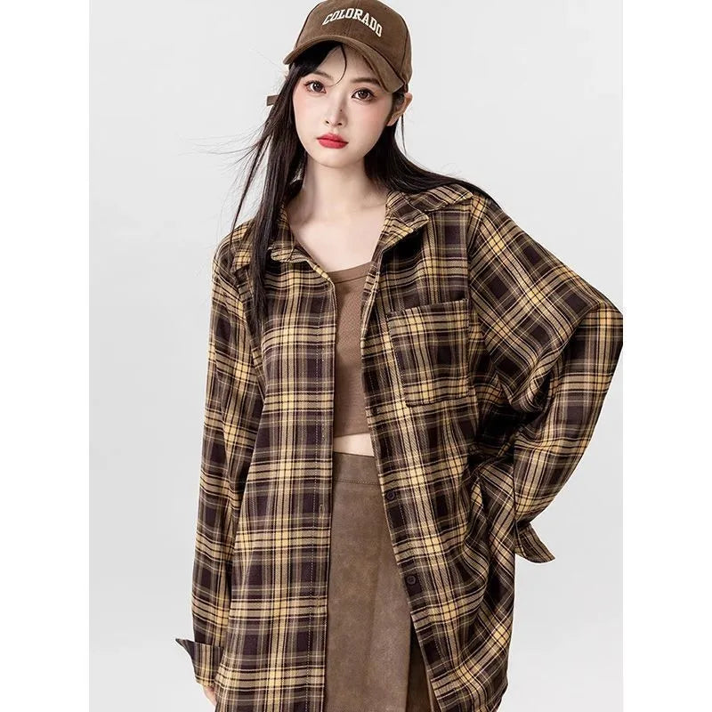 Brown Plaid Shirt Tube Top and Denim Skirt Set, model wearing brown plaid flannel shirt open over brown tube top