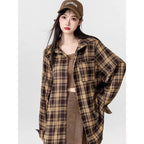 Brown Plaid Shirt Tube Top and Denim Skirt Set, model wearing brown plaid flannel shirt open over brown tube top