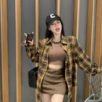 Brown Plaid Shirt Tube Top and Denim Skirt Set, model styling brown plaid shirt and brown skirt with baseball cap