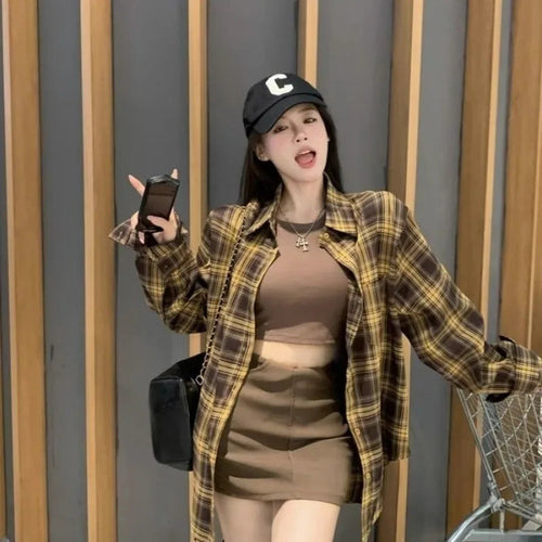 Brown Plaid Shirt Tube Top and Denim Skirt Set, model styling brown plaid shirt and brown skirt with baseball cap