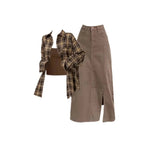Brown Plaid Shirt Tube Top and Denim Skirt Set, flat lay of brown plaid shirt, brown tube top and khaki denim skirt