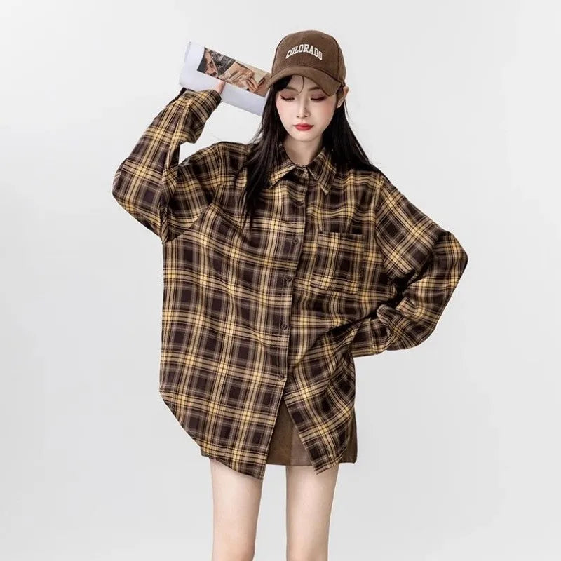 Brown Plaid Shirt Tube Top and Denim Skirt Set, model wearing oversized brown plaid shirt buttoned up with cap