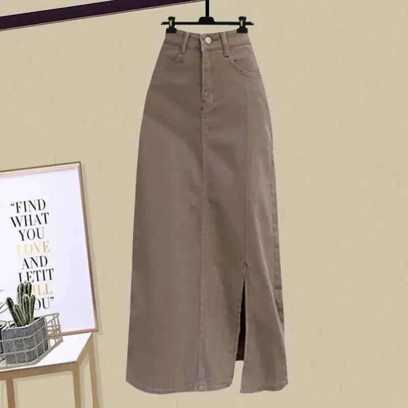 Brown Plaid Shirt Tube Top and Denim Skirt Set, khaki denim midi skirt with front slit on hanger