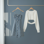 Photorealistic blue gray denim dress and white cropped wrap top on separate hangers
