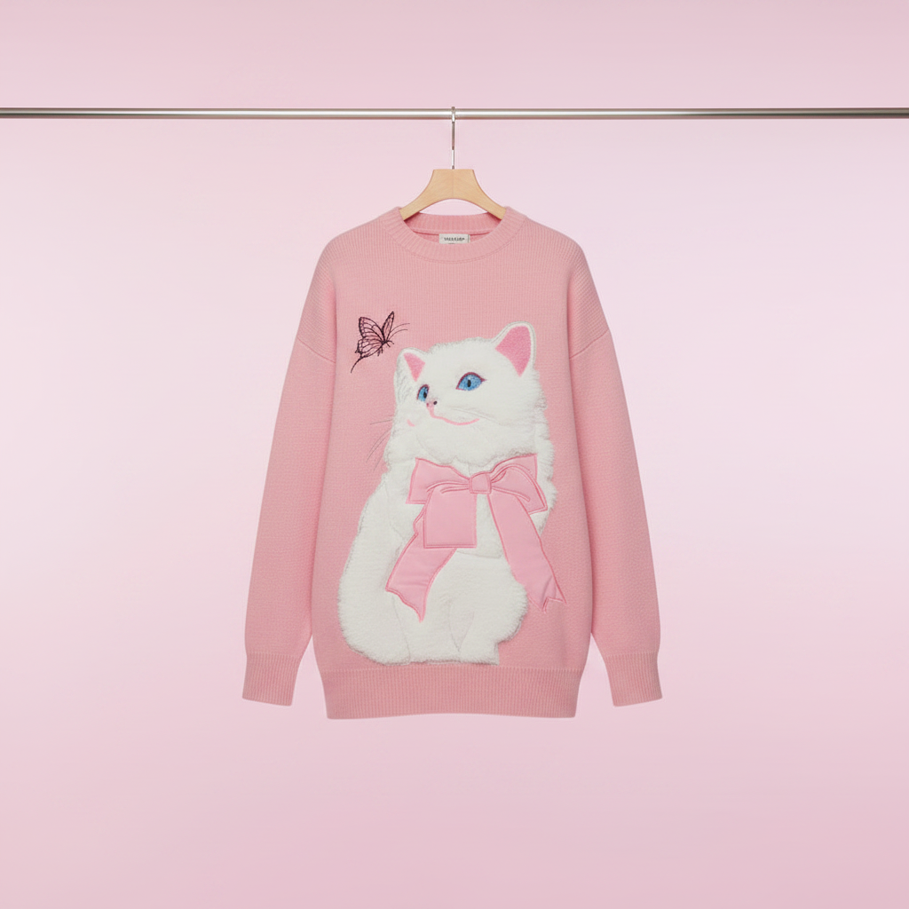 Rosa flauschiger Oversized-Pullover im Katzen-Stil