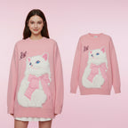 Pink fuzzy cat style oversized sweater with white cat and pink bow design on front