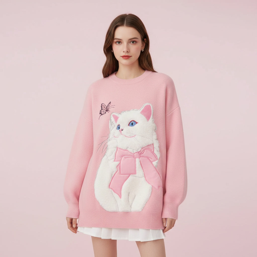 Pink fuzzy cat style oversized sweater featuring a white cat with a large pink bow and butterfly detail