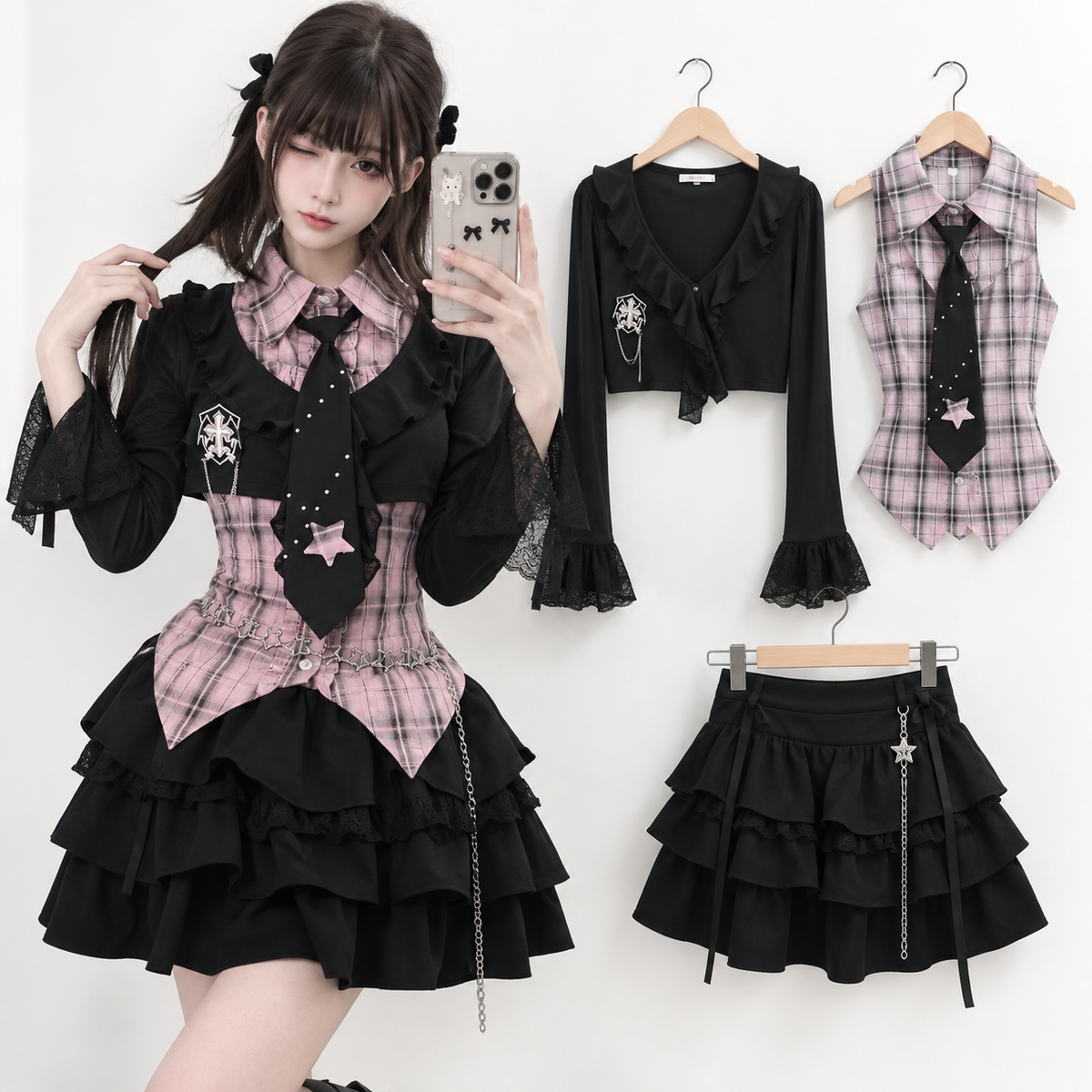 Women's Gothic Preppy Plaid Shirt, Ruffle Cardigan & Tiered Skirt Set