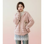Pink hooded knitted cute cardigan for women with dog design, button front, and front pockets