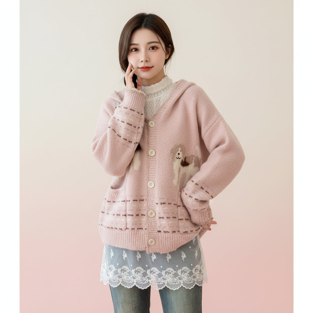 Pink hooded knitted cute cardigan for women with dog design, button front, and front pockets