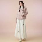 Pink hooded knitted cute cardigan for women with dog patterns worn with white maxi skirt