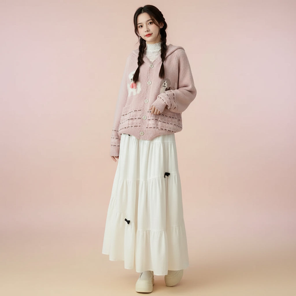 Pink hooded knitted cute cardigan for women with dog patterns worn with white maxi skirt