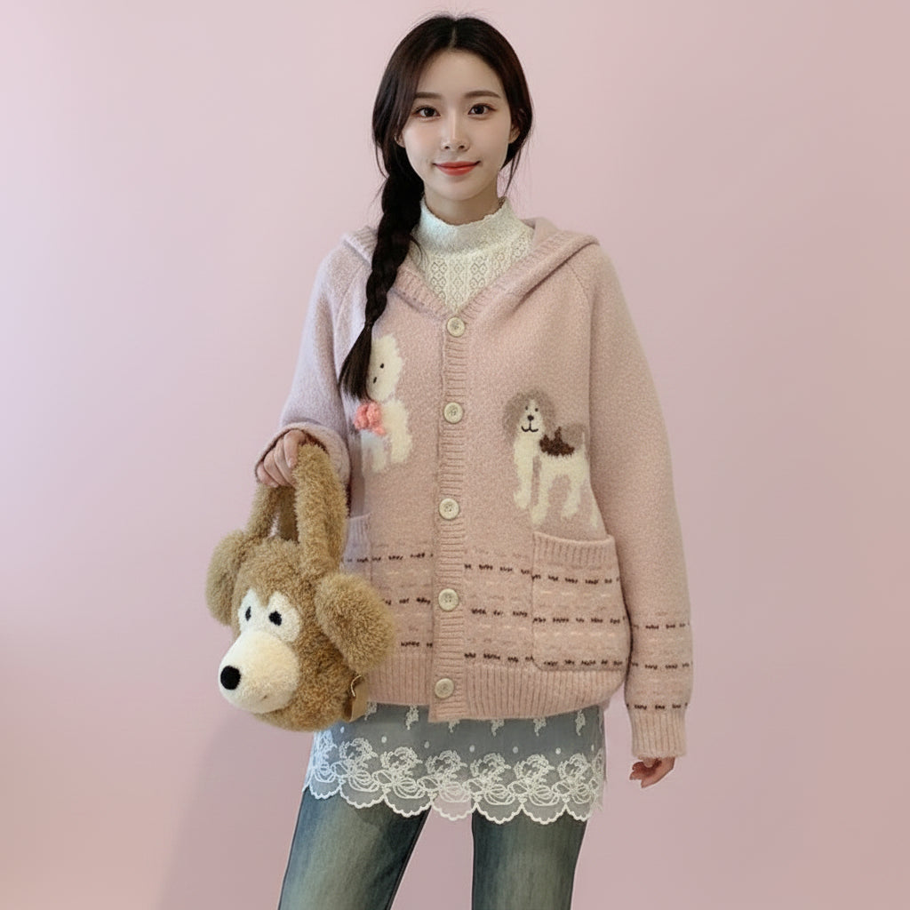 Pink hooded knitted cute cardigan for women with dog patterns and buttons styled with lace top and jeans