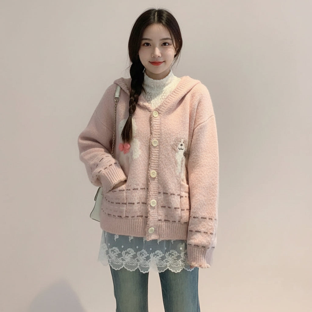 Pink hooded knitted cute cardigan for women with dog pattern and front pockets