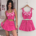 Y2K Denim Mini Pleated Skirt & Crop Top Set – Korean High Waist Style