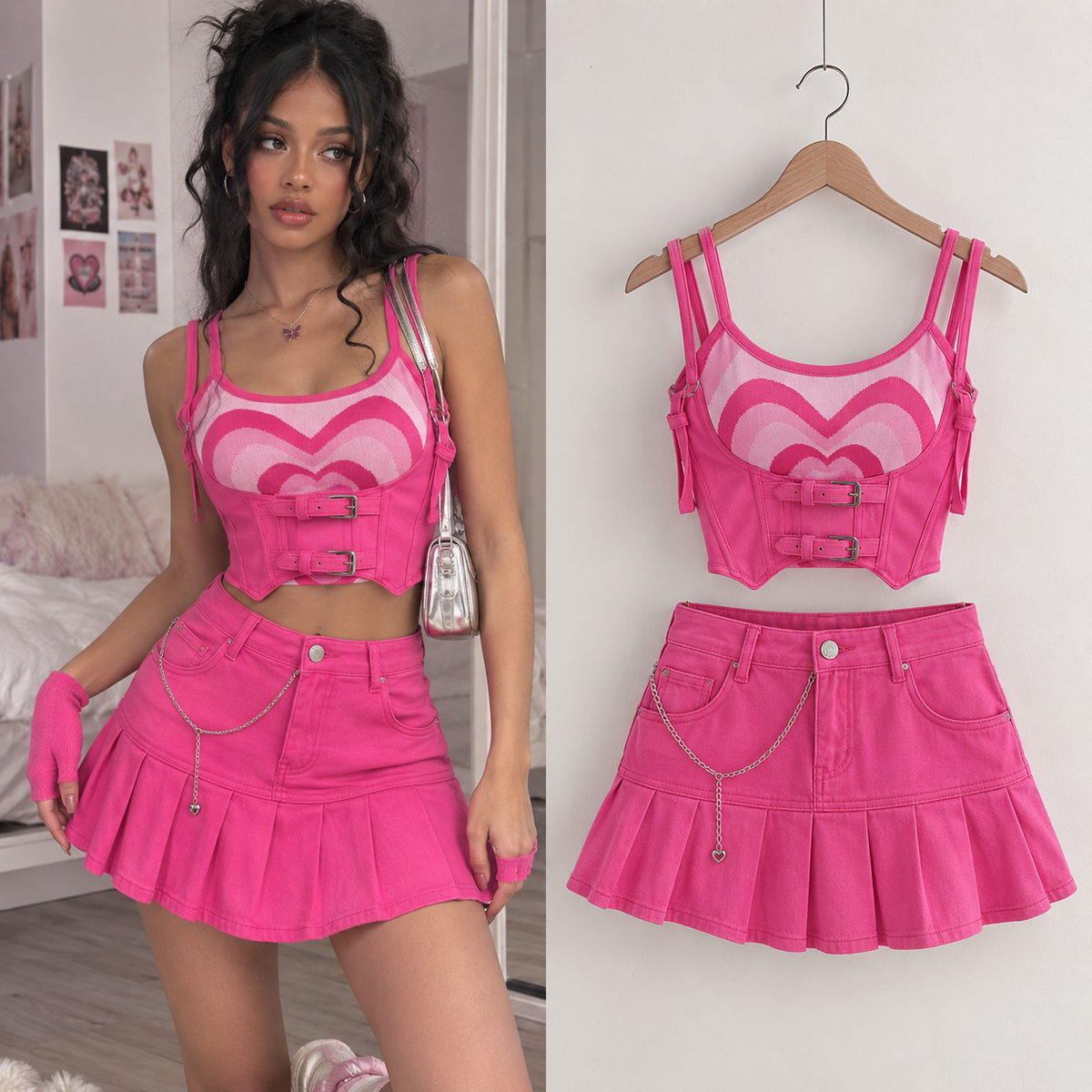 Y2K Jeans-Minirock mit Falten & bauchfreies Oberteil-Set – Koreanischer High-Waist-Stil