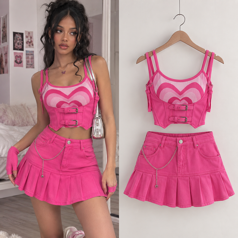 Y2K Denim Mini Pleated Skirt & Crop Top Set – Korean High Waist Style