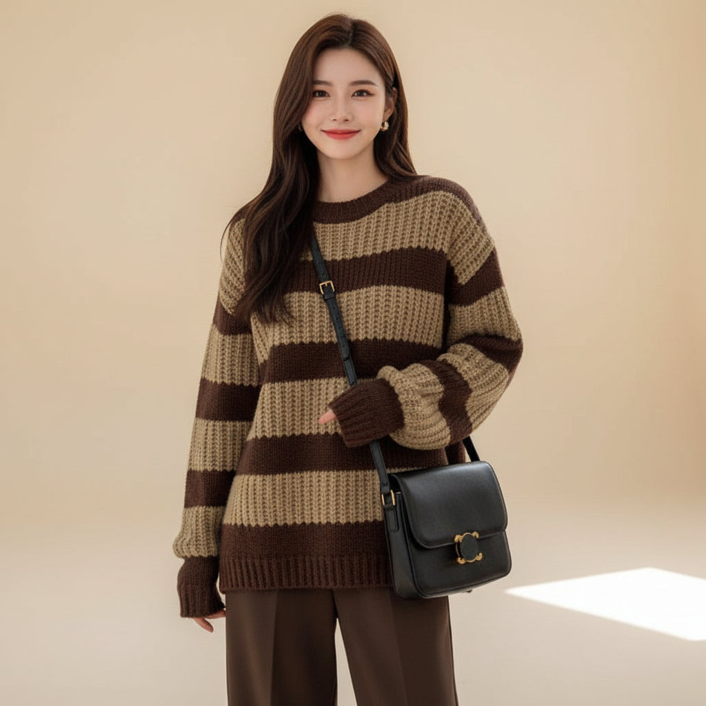 Plus size casual spring sweater with brown and beige stripes worn with a black shoulder bag