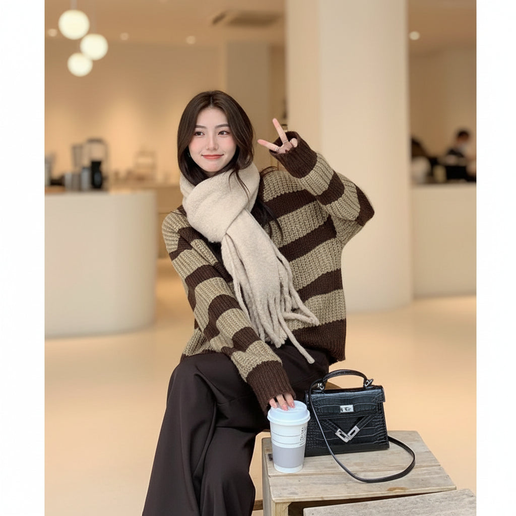 Plus size casual spring sweater with brown and beige stripes worn by a seated woman with a light scarf