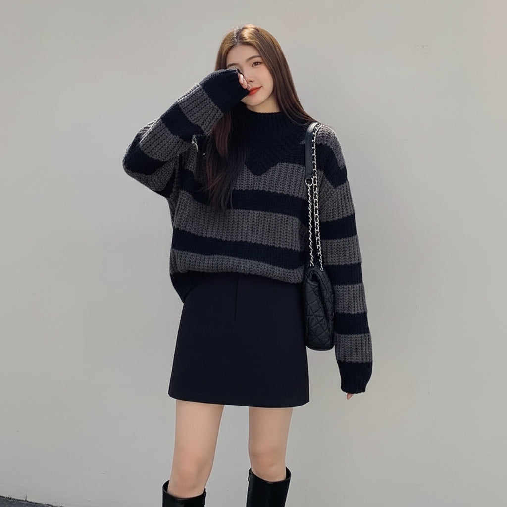 Plus size casual spring sweater with black and gray stripes worn with black skirt