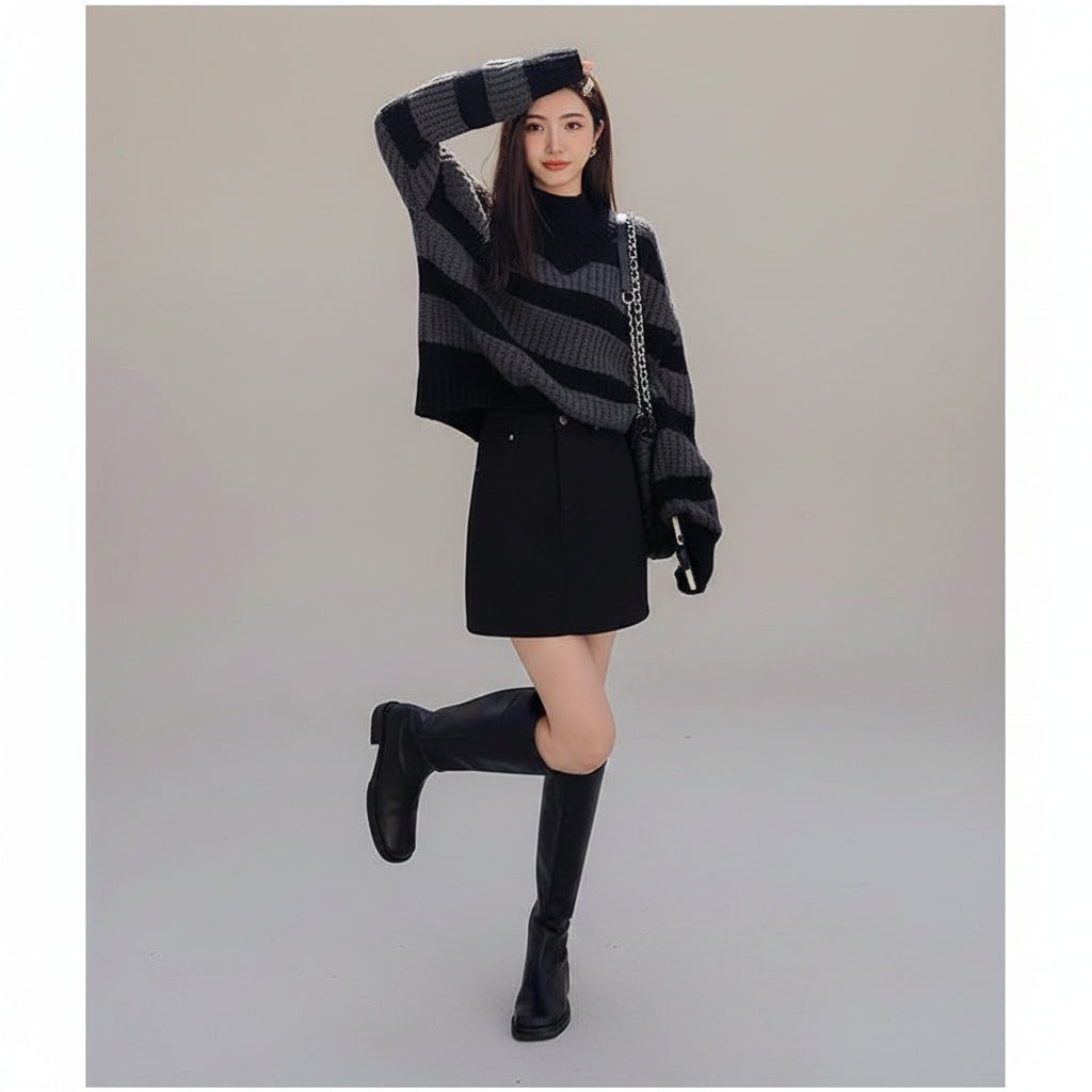 Woman wearing plus size casual spring sweater with black skirt and knee-high boots outdoors