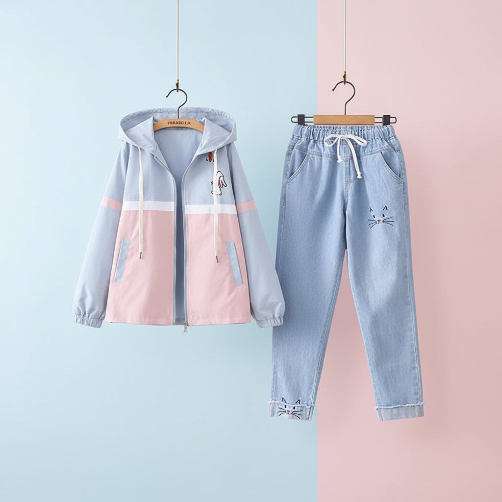 Preppy girls casual jacket and jeans set with pastel colors and cute cat embroidery