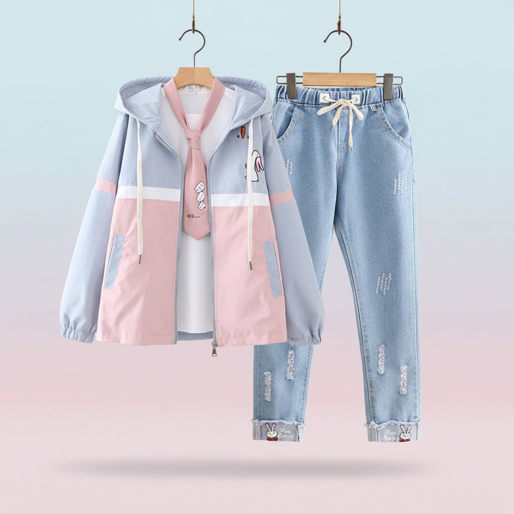 Preppy girls casual jacket and jeans set with pastel color block jacket and distressed denim jeans