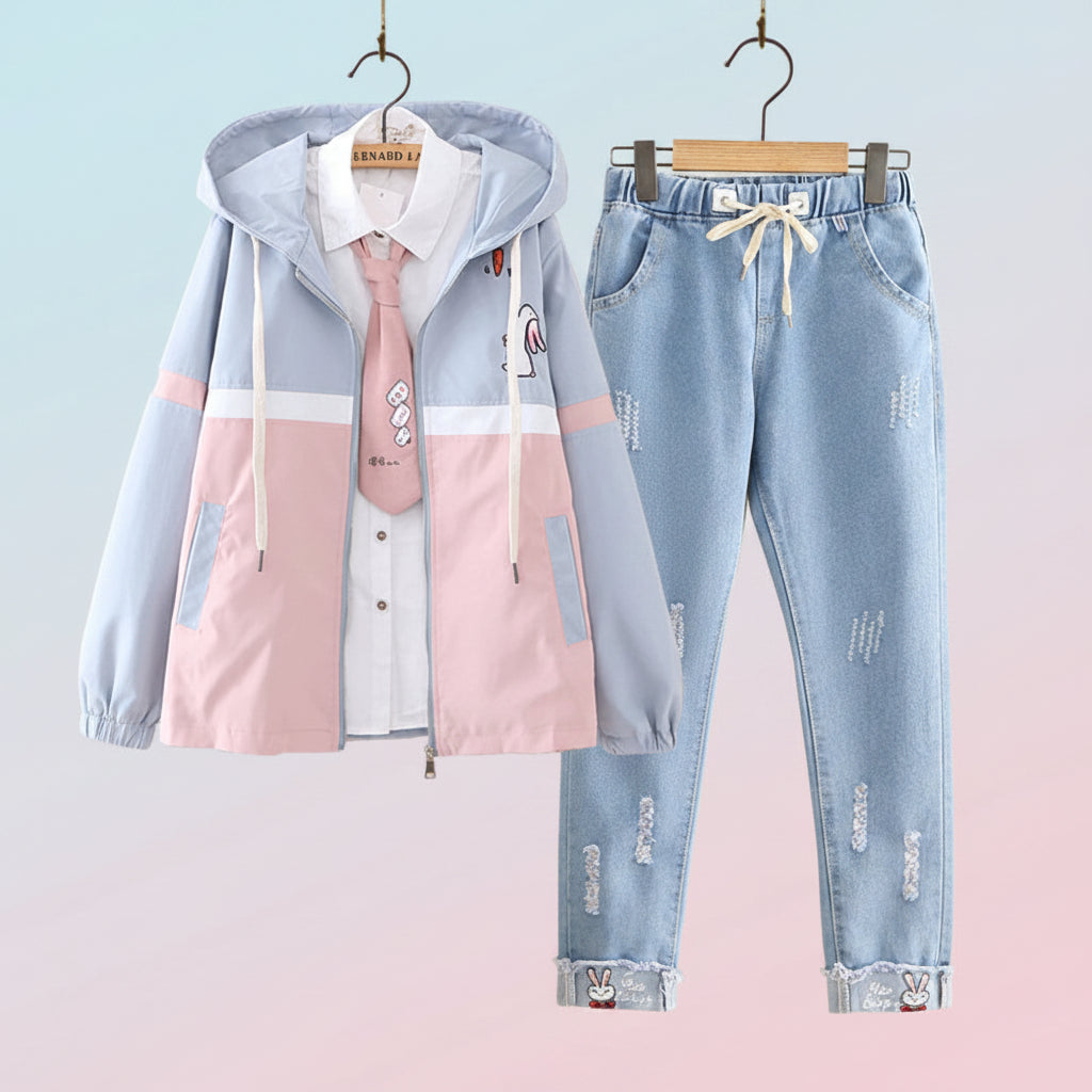 Preppy girls casual jacket and jeans set with pastel hooded jacket and distressed denim pants