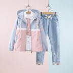Preppy girls casual jacket and jeans set with pastel color block jacket and distressed denim pants
