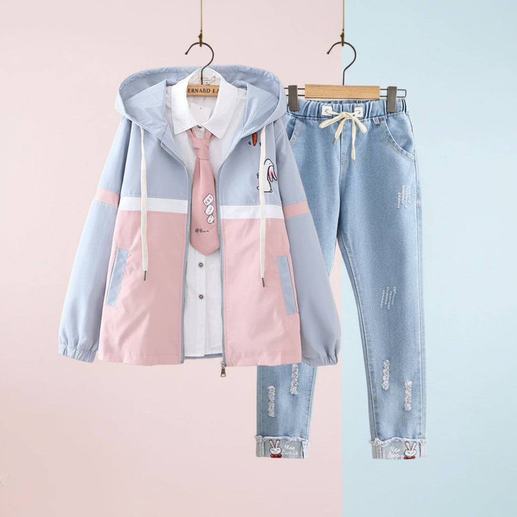 Preppy girls casual jacket and jeans set with pastel color block jacket and distressed denim pants