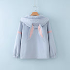 Light blue preppy girls casual jacket and jeans set with hood and bunny ear details on back