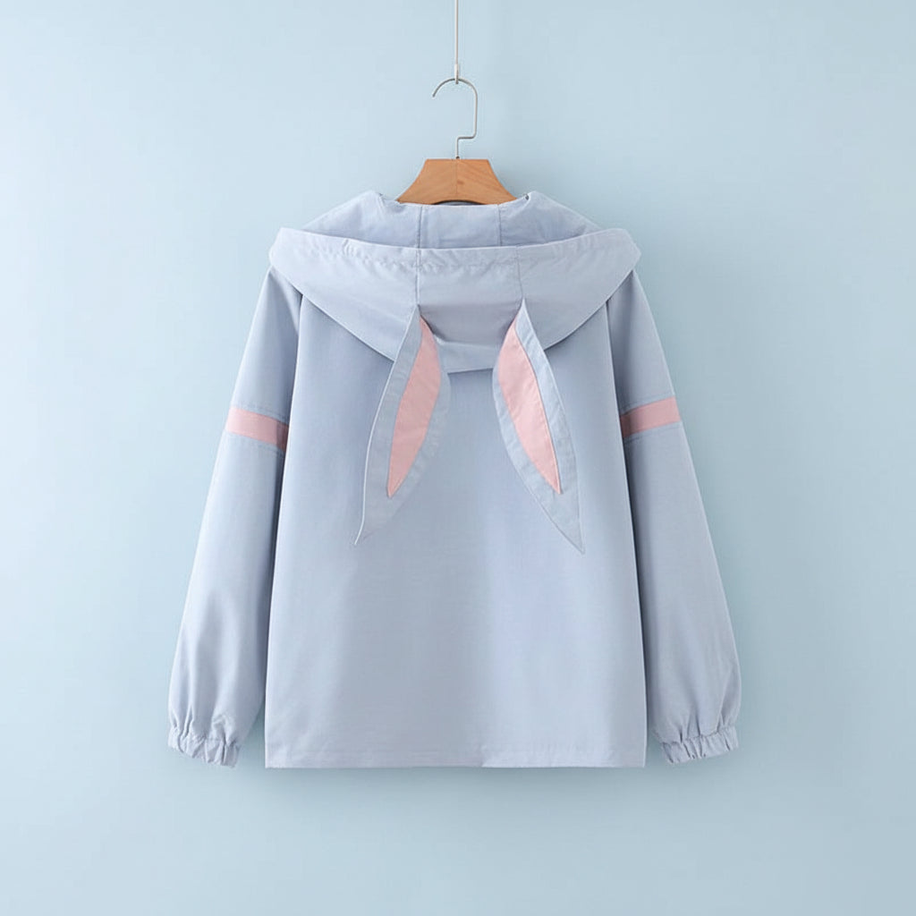 Light blue preppy girls casual jacket and jeans set with hood and bunny ear details on back