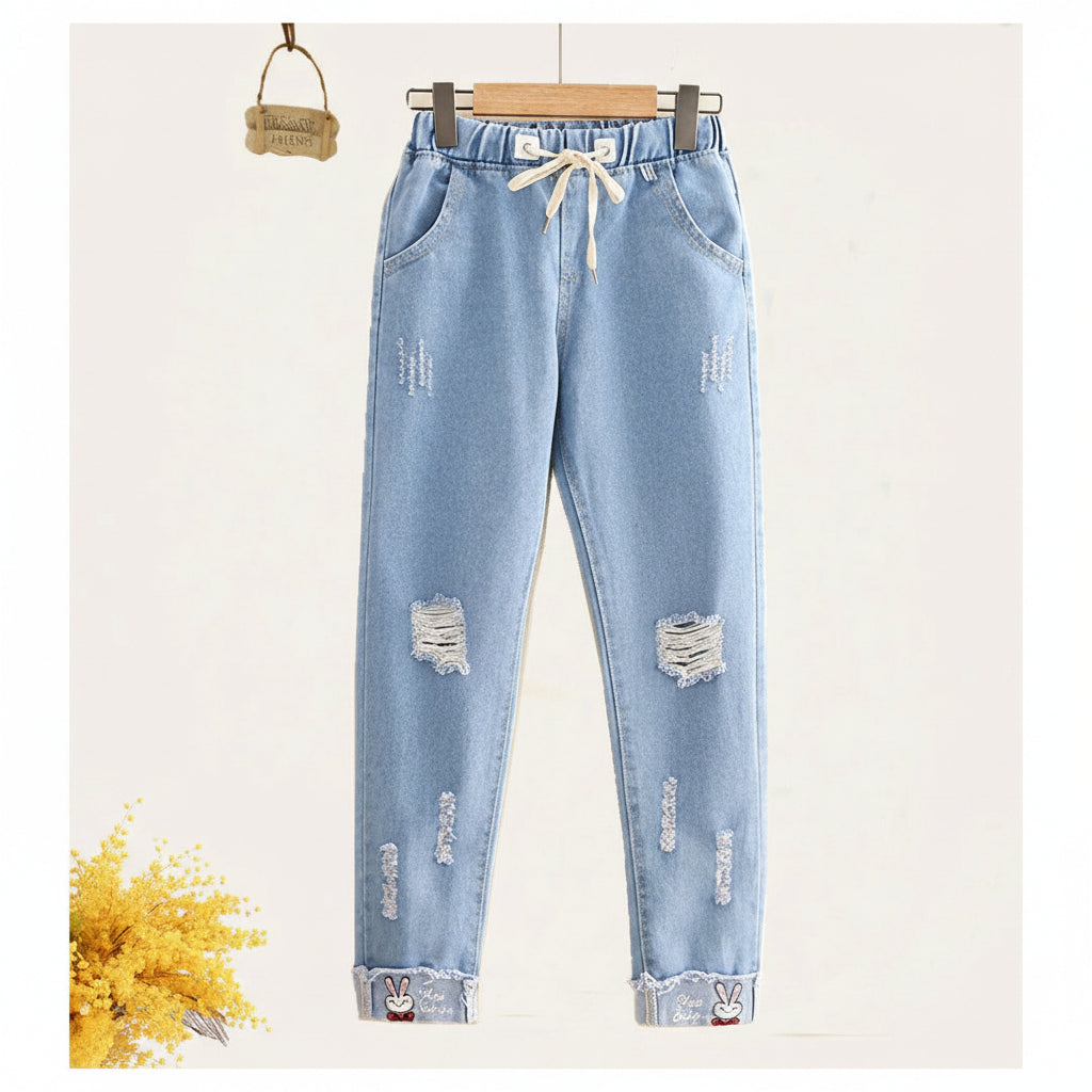 Light blue distressed jeans with drawstring waist for preppy girls casual jacket and jeans set