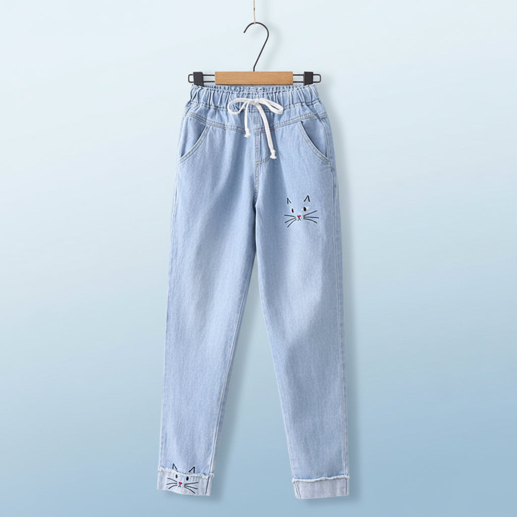Light blue girls jeans with elastic waist and cat face embroidery from preppy girls casual jacket and jeans set