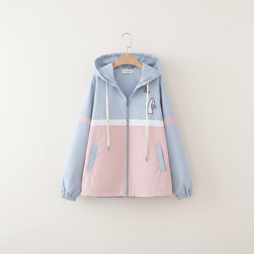 Preppy girls casual jacket and jeans set featuring a pastel color-block jacket with cartoon details and a white shirt with pink tie
