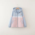 Preppy girls casual jacket and jeans set featuring a pastel color-block jacket with cartoon details and a white shirt with pink tie