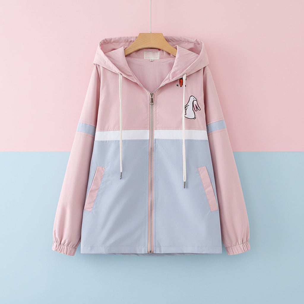 Preppy girls casual jacket and jeans set featuring a pink and blue hooded zip-up jacket with bunny embroidery
