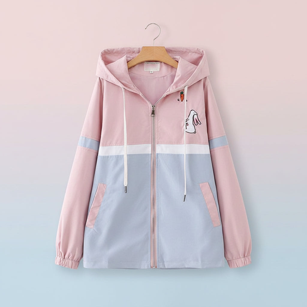 Pink and blue hooded casual jacket featuring a cute bunny design, part of the preppy girls casual jacket and jeans set